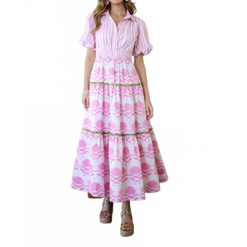 NEW BROOKS AVENUE banyan puff sleeve dress in pink magnolia & ticking stripe